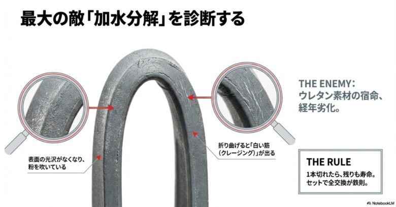 表面の光沢消失や粉吹き、折り曲げた際の白い筋（クレージング）など加水分解のサインを説明する資料