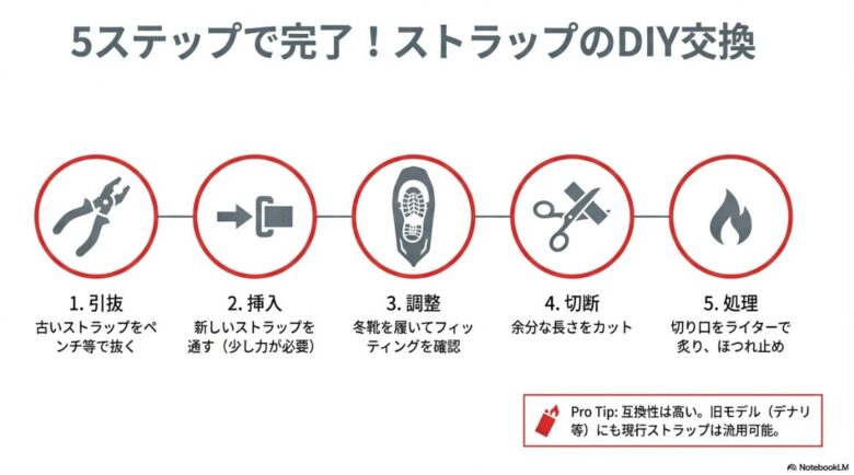 引抜、挿入、調整、切断、処理の5工程で完了するストラップ交換の手順と、旧モデルとの互換性に関するヒント
