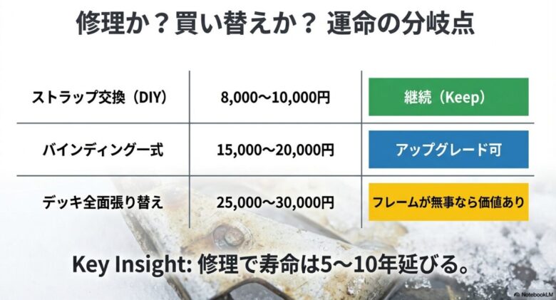 ストラップ、バインディング、デッキの修理費用目安と、修理によって寿命が5〜10年延びることを示す表