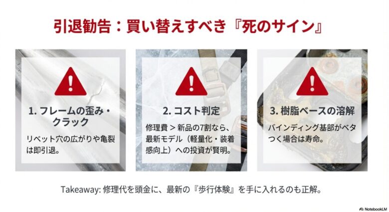 フレームの歪み・クラック、修理費が新品の7割超、樹脂ベースの溶解など、引退を勧告するチェック項目
