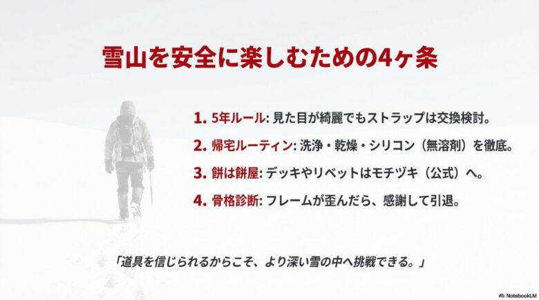 ストラップ5年ルール、帰宅後の洗浄ルーティン、公式修理の活用、フレーム歪みでの引退をまとめた最終確認スライド