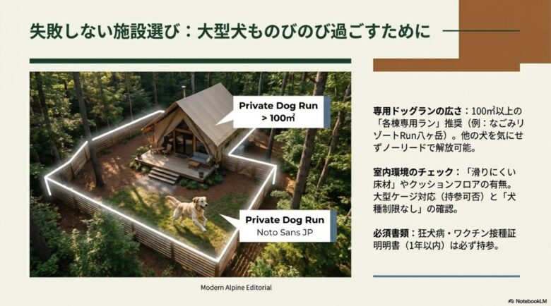 100平米以上の専用ドッグラン、滑りにくい床材、ワクチン証明書の持参など、施設選びで失敗しないための重要事項を記載したスライド