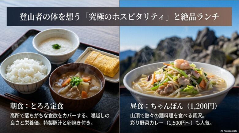 朝食のとろろ定食（特製豚汁・卵焼き付）と、昼食のちゃんぽん（1,200円）、彩り野菜カレー（1,500円）の紹介スライド。