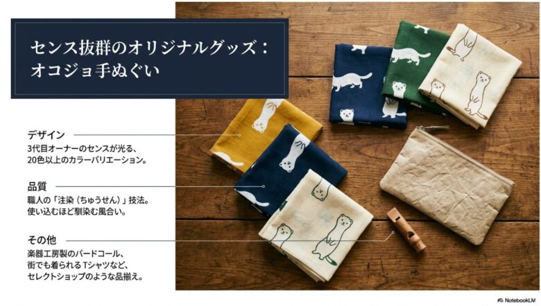 20色以上のバリエーションがあるオコジョ手ぬぐいの紹介。注染技法やバードコール、Tシャツについての説明。