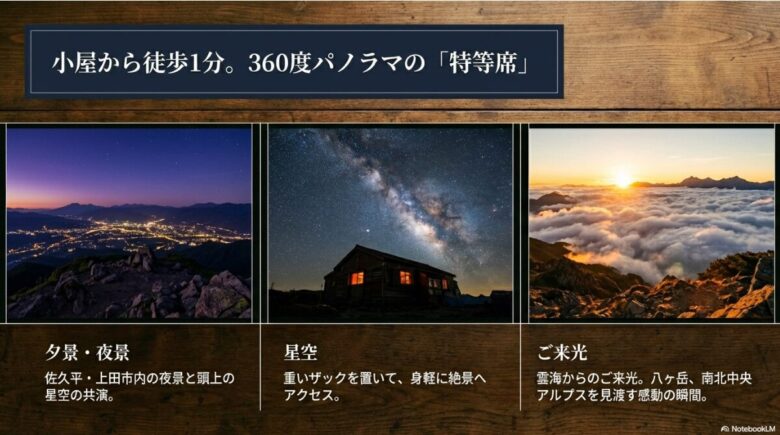 夕景・夜景、満天の星空、雲海からのご来光について解説したスライド。重いザックを置いて身軽にアクセスできる利点の記載