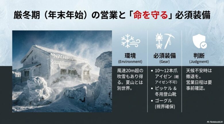 風速20m超の吹雪もあり得る過酷な環境と、10-12本爪アイゼン、ピッケル、冬用登山靴などの必須装備、撤退の判断についてまとめたスライド。
