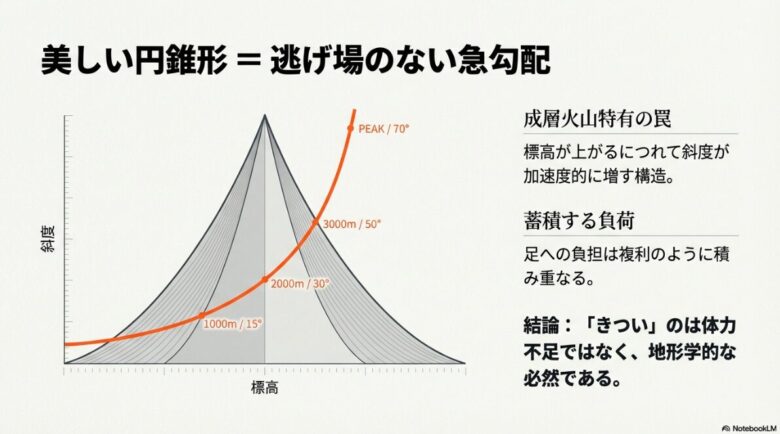 成層火山である蓼科山の標高が高くなるにつれて斜度が加速度的に増していく構造を示した図解。