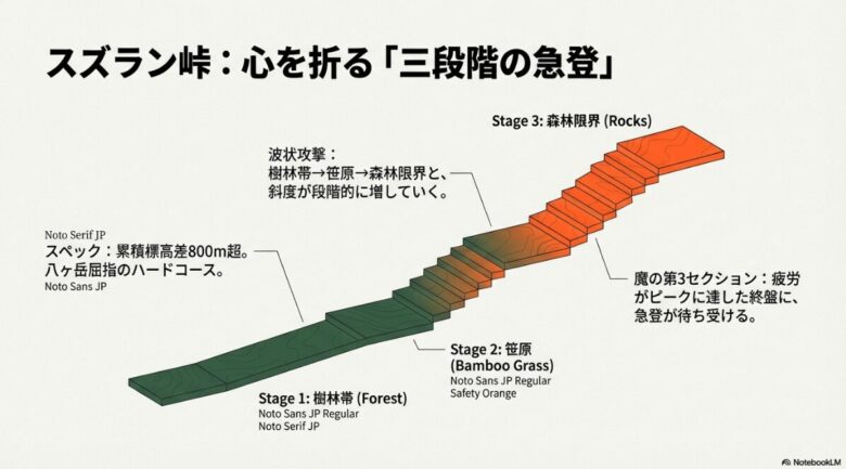 スズラン峠ルートの難易度を示すスライド。樹林帯、笹原、森林限界と三段階で斜度が増す構成の解説。