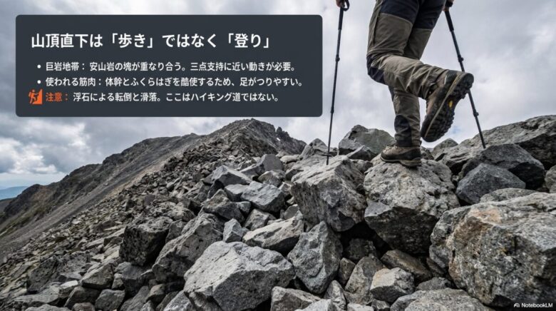 蓼科山頂直下の安山岩が重なり合う巨岩地帯の解説。三点支持の必要性と足のつりへの注意喚起。
