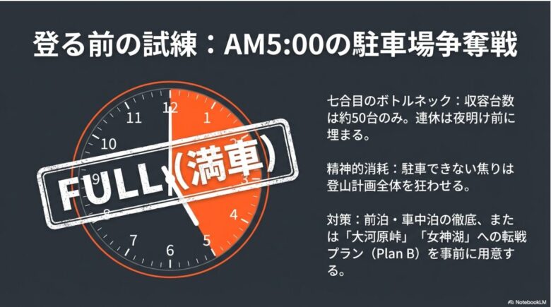 午前5時には満車になることを示す時計のイラスト。駐車できない焦りが精神的消耗に繋がる警告。