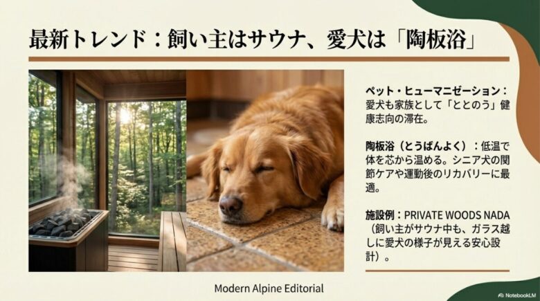 愛犬も家族として健康を目指すペット・ヒューマニゼーションや、シニア犬のケアにも適した陶板浴のメリットを紹介するスライド