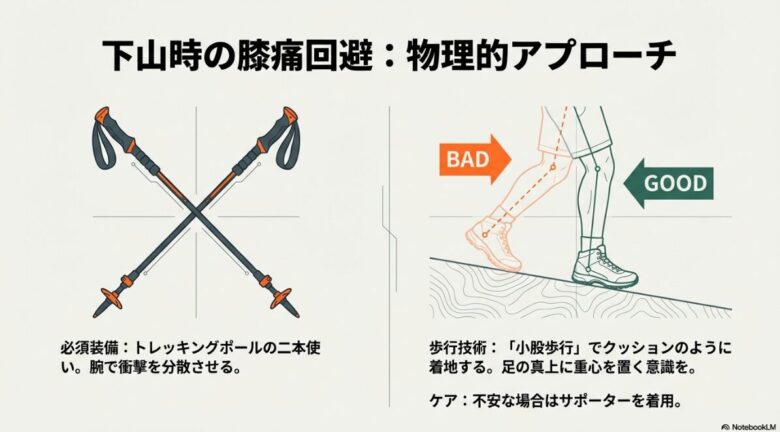 トレッキングポールの活用と、足の真上に重心を置く「小股歩行」の良し悪しを比較した図解。