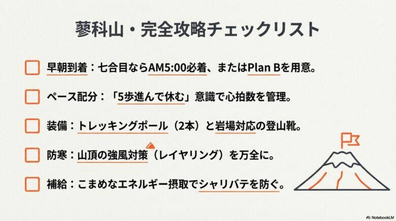 早朝到着、ペース配分、装備、防寒、補給の5項目をまとめた最終攻略チェックリスト。
