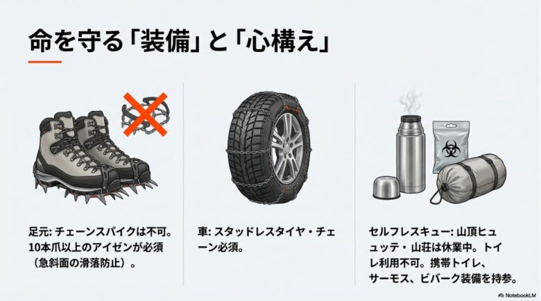 10本爪以上のアイゼン、スタッドレスタイヤ、携帯トイレ、サーモスなどの必須装備イラスト