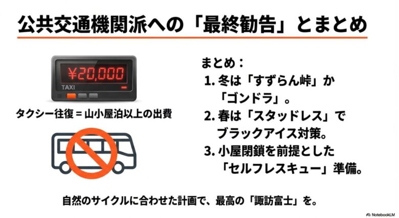 冬季のバス運休とタクシー代の高騰に関する警告、および登山のポイント3点をまとめた最終スライド 。