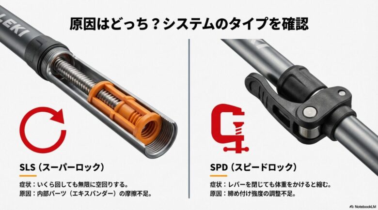 SLS（スーパーロック）とSPD（スピードロック）のタイプ別に、空回りや縮む原因を解説した比較スライド。