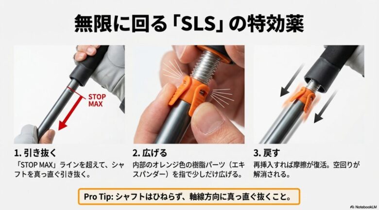 SLS（内回転式）ポールのシャフトを引き抜き、オレンジ色のエキスパンダーを手で広げて摩擦を復活させる手順の図解