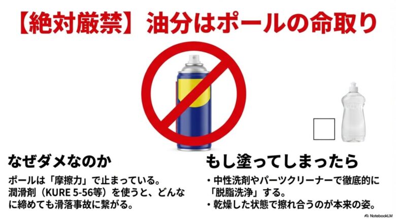 スプレー式の潤滑剤に禁止マークがついたイラスト。「摩擦力」で止まるポールにオイルを塗ると滑落事故に繋がる警告。