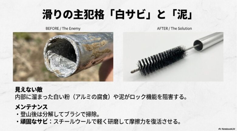 アルミの腐食（白サビ）や泥がこびりついたシャフト内部の断面写真と、清掃メンテナンスの重要性の解説。
