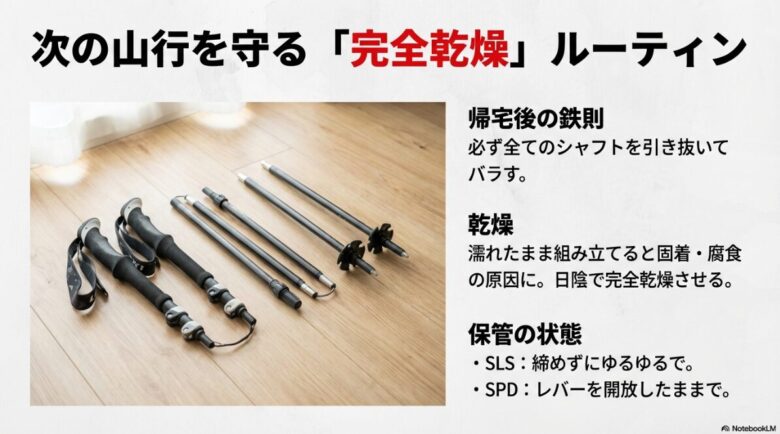 帰宅後に全てのシャフトをバラバラに引き抜き、日陰で乾燥させている様子。保管時のロック状態についても記載。