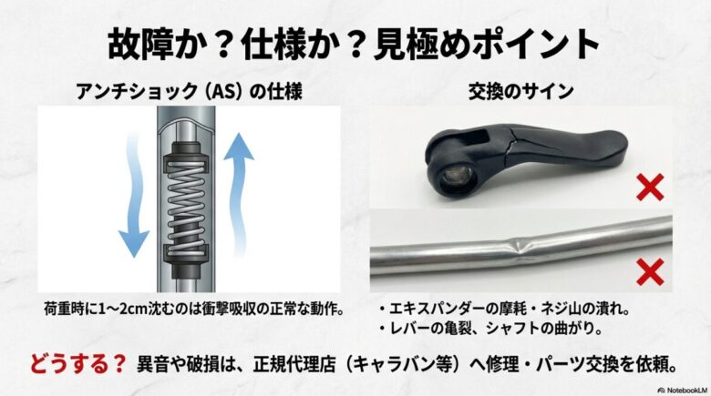 アンチショック搭載モデルの内部スプリング構造図。1〜2cmの沈み込みは正常動作であることと、パーツ交換が必要な基準の解説。