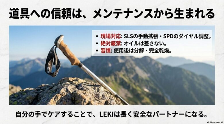 山の風景をバックにしたLEKIポールと、現場対応・絶対厳禁・習慣の3つの重要ポイントをまとめたスライド。