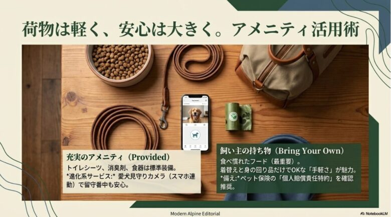 施設に備え付けのアメニティ(シーツ、食器等)と、飼い主が持参すべき食べ慣れたフード、ペット保険の確認についてまとめたスライド
