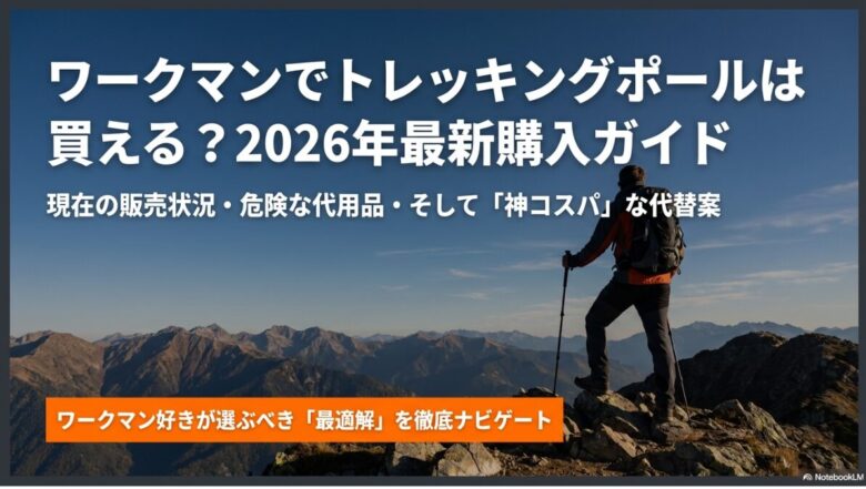 「ワークマンでトレッキングポールは買える？2026年最新購入ガイド」というタイトルと、現在の販売状況や代替案について解説することを示す表紙画像。