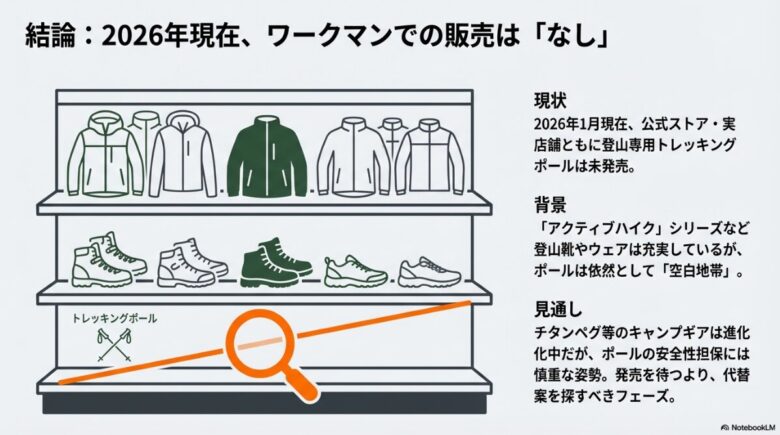 ワークマンの棚にジャケットや登山靴は並んでいるが、トレッキングポールのスペースには虫眼鏡マークが表示され、未発売であることを示すイラスト。