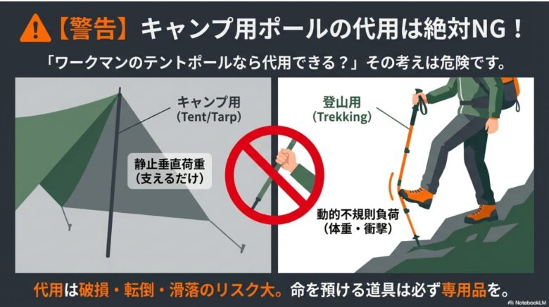 キャンプ用ポールは「静止垂直荷重」を支える設計だが、登山用は体重や衝撃などの「動的不規則負荷」に耐える設計であることを比較し、代用禁止を警告するイラスト。  