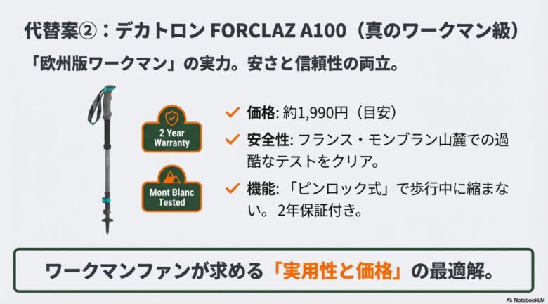 デカトロンのFORCLAZ A100モデルの紹介。約1,990円という価格、ピンロック式、モンブラン山麓でのテスト済み、2年保証付きといった特徴をまとめたスライド。