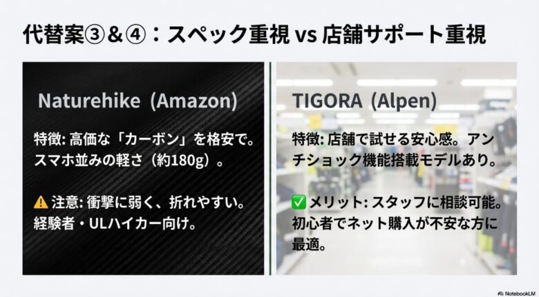 Naturehikeのカーボン製の軽さと衝撃への弱さ、TIGORAの店舗で試せる安心感とアンチショック機能を比較したスライド。