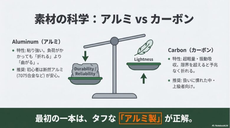 天秤のイラストで、耐久性と信頼性のアルミ、軽さのカーボンを比較。初心者は曲がっても折れにくいアルミが安心であることを解説するスライド。