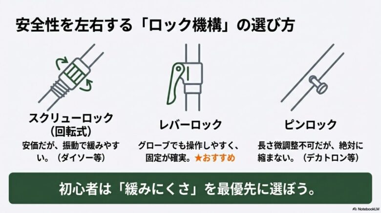 スクリューロック（回転式）、レバーロック、ピンロックの3種類のイラスト。レバーロックが固定が確実でおすすめであることを示す。