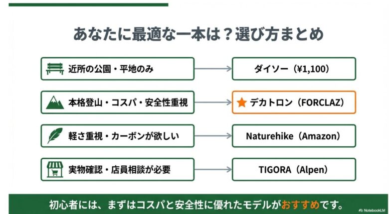平地ならダイソー、コスパと安全性ならデカトロン、軽さならNaturehike、相談したいならTIGORAと、ユーザーの目的に合わせたおすすめをまとめたスライド。