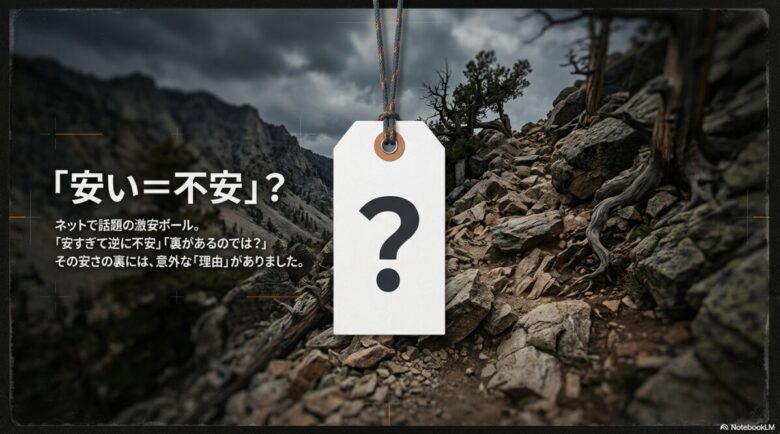 安い＝不安？」という文字と共に、ネットで話題の激安ポールに対するユーザーの不安と安さの理由があることを示すスライド画像