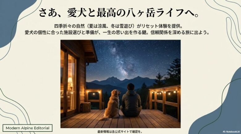 四季折々の自然の中で愛犬との信頼関係を深める旅を提案し、各公式サイトでの最新情報確認を推奨する締めくくりのスライド
