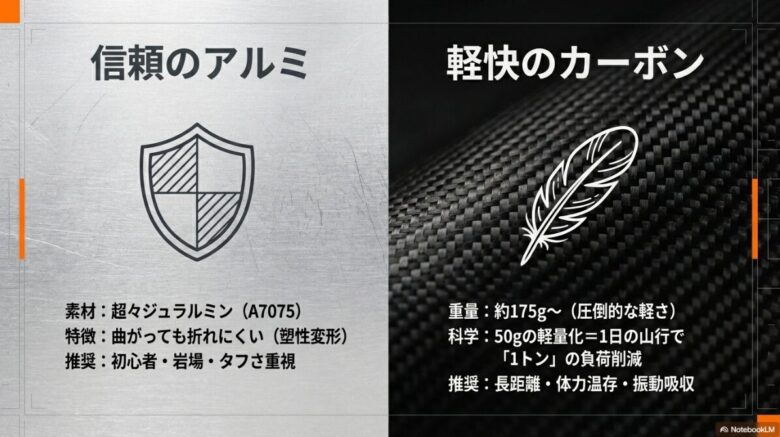 信頼のアルミ（A7075）と軽快のカーボンの比較。50gの軽量化が1日の山行で1トンの負荷削減に繋がる科学的根拠を示すイラスト。