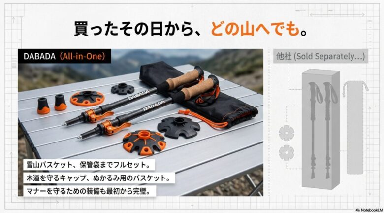 雪山用バスケット、ラバーキャップ、保管袋などがすべて揃ったDABADAのオールインワンセットの写真。