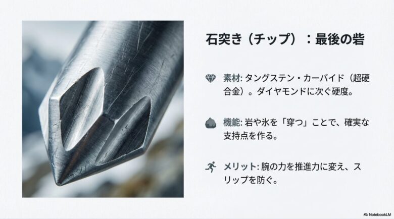 鋭い金属製の石突き（チップ）のクローズアップ画像と、その素材や機能の解説 。