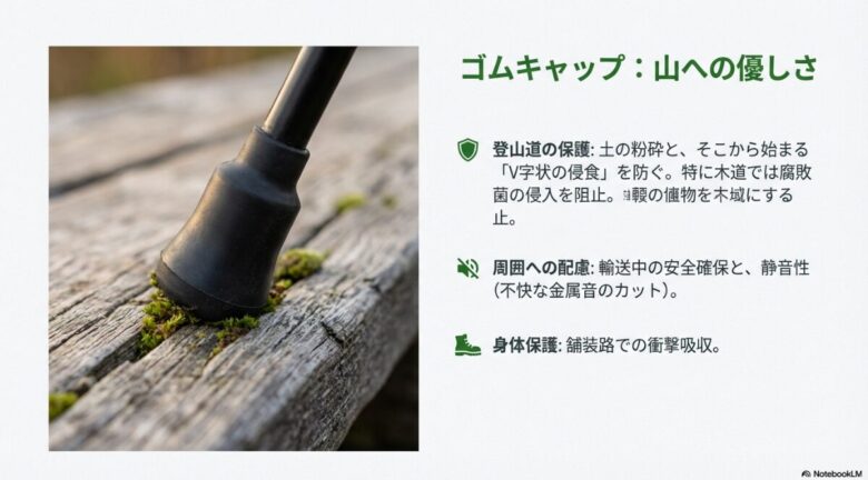 木道の上でゴムキャップを装着したポールの先端画像と、侵食防止や静音性についての解説