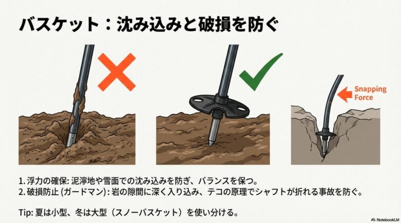 バスケットがある場合とない場合の地面への沈み込みの違い、および岩の隙間に挟まった際の破断リスクを示すイラスト 。