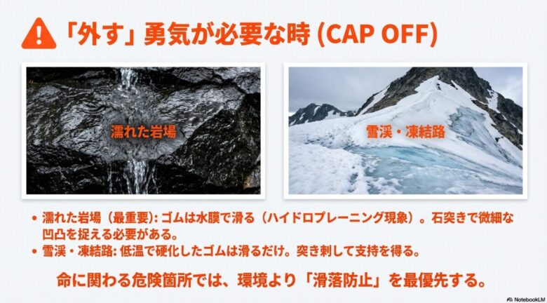 濡れた岩場と雪渓の背景画像に、ハイドロプレーニング現象や低温時の滑りやすさを警告するテキストが添えられたスライド