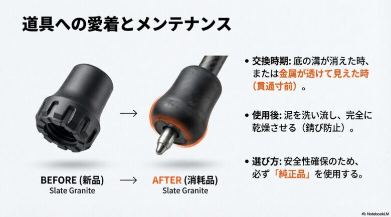 新品のゴムキャップと摩耗して金属が透けそうなキャップの比較写真、およびメンテナンスのポイント
