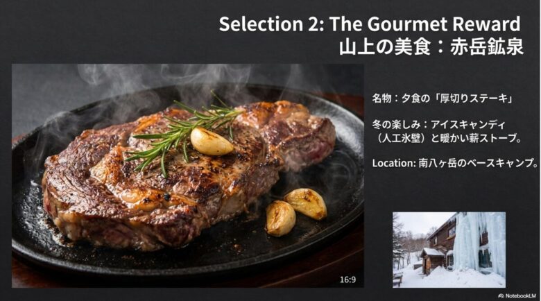 赤岳鉱泉の夕食で出される厚切りステーキの写真と、冬の名物「アイスキャンディ（人工氷壁）」を並べて紹介したスライド画像
