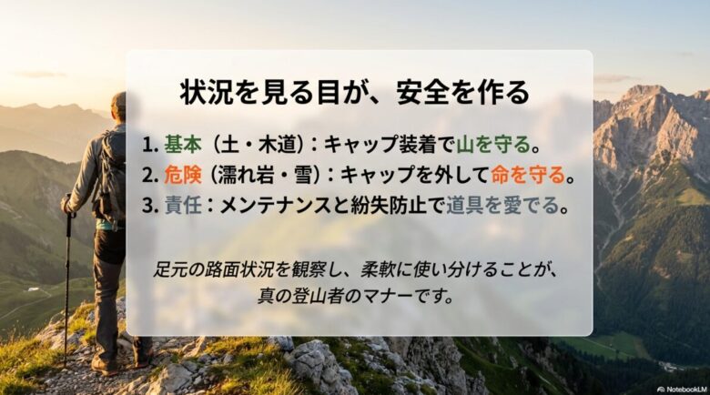 山を守る装着、命を守る脱着、そしてメンテナンスという3つの要点をまとめたスライド