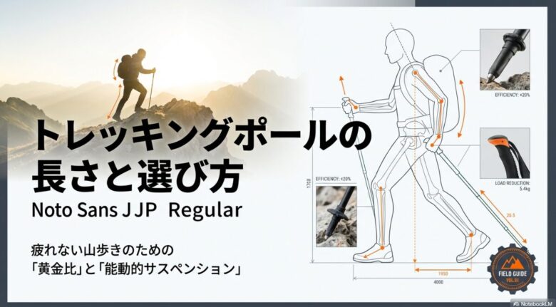 トレッキングポールの先端が岩を突いている画像。タイトル「トレッキングポールの長さと選び方」「疲れない山歩きのための黄金比と能動的サスペンション」というテキストが含まれている。