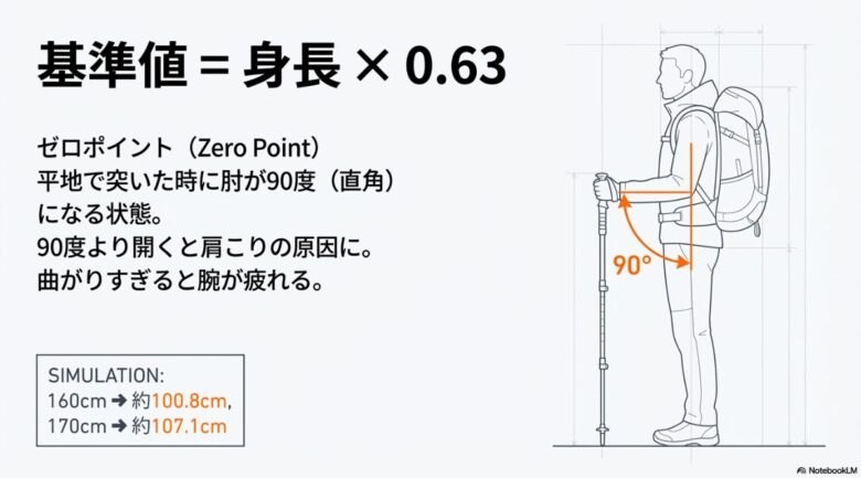 横を向いた登山者がポールを持っているイラスト。肘の角度が90度であることを示し、基準値＝身長×0.63、160cmは約100.8cm、170cmは約107.1cmという計算例が記載されている。