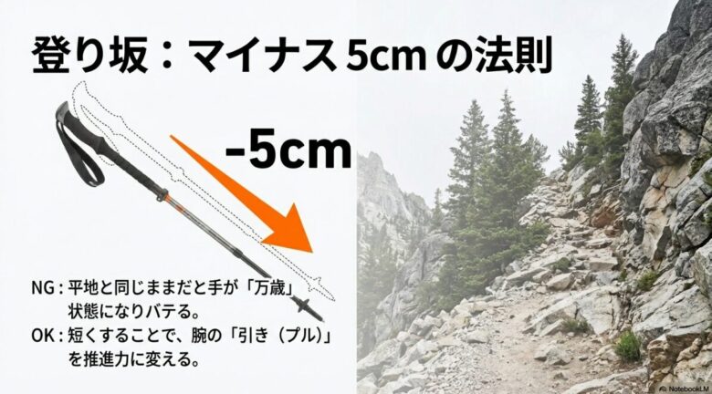 斜面を登るイラスト。平地のままでは手が「万歳」状態になりバテること、短くすることで腕の「引き」を推進力に変えられることが説明されている。