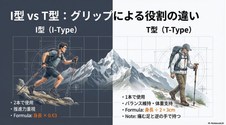 I型とT型の比較表。I型は2本使用で推進力重視（身長×0.63）、T型は1本使用でバランス維持重視（身長÷2+3cm）といったスペックの違いがまとめられている